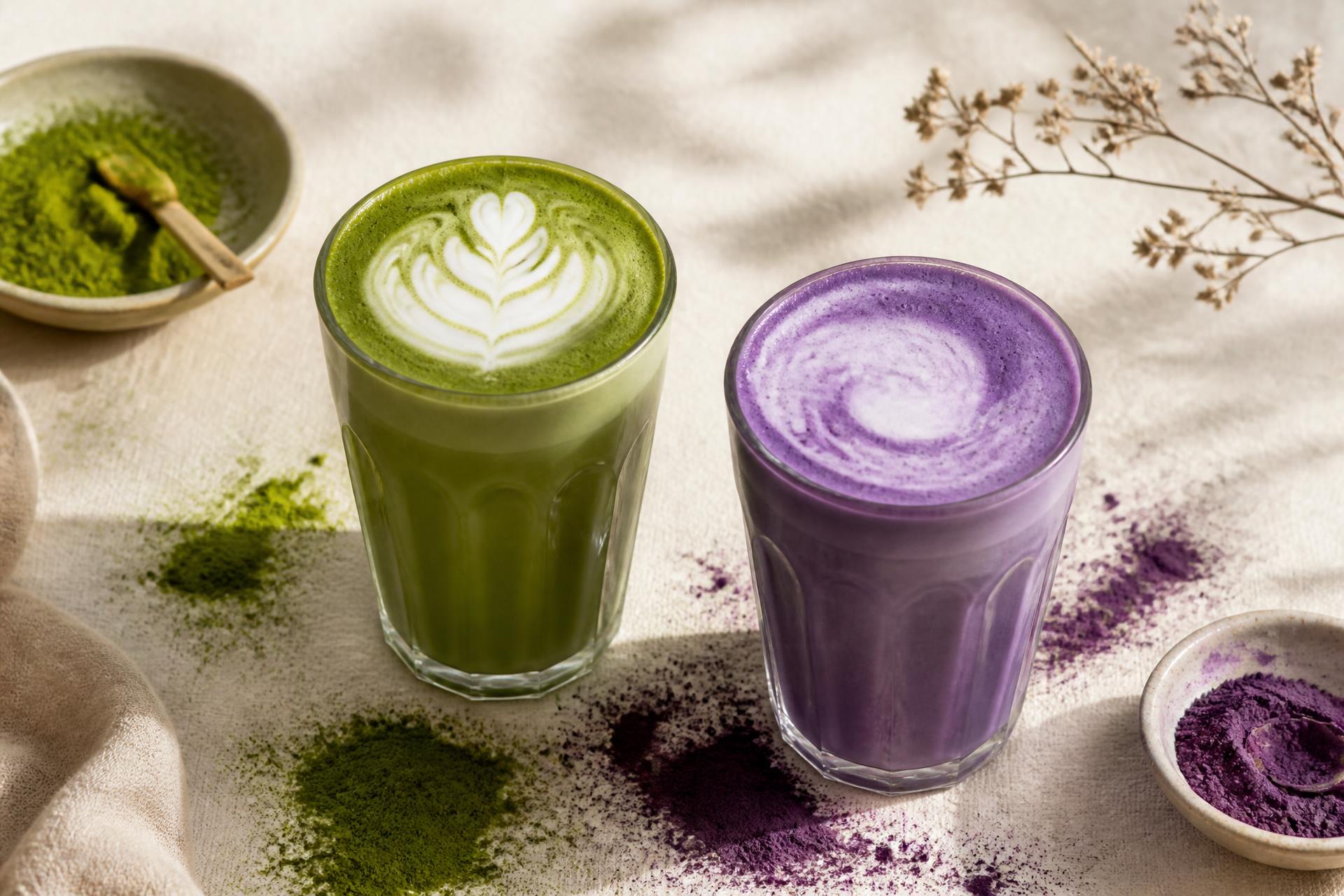 Matcha and ube purple yam lattes served in glasses with scattered matcha and ube powder on a warm cream tabletop — FLORA greens premium beverage ingredients